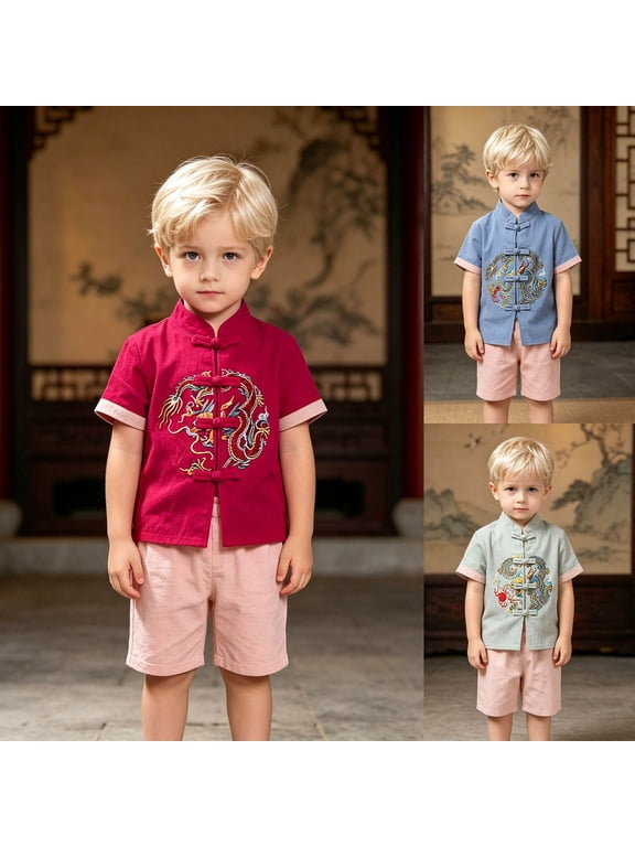 Toddler Boys Summer Tang Suit Cotton Linen Embroidered Traditional Chinese Style Outfit Mandarin Collar Short Sleeve Top and Matching Shorts (3-4 T,Blue)