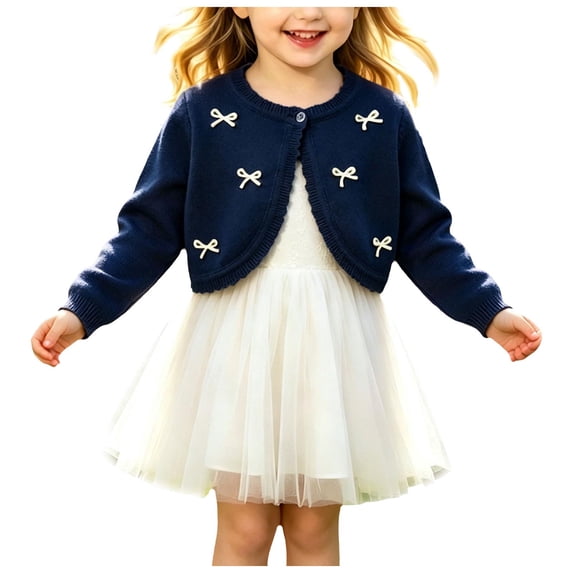 Faraee Toddler Girl Sweater Cardigan Kids Long Sleeve Bowknot Cute Crop Sweaters Ruffle Trim Hem School Uniforms Dress up Jacket 1-14 Years Blue
