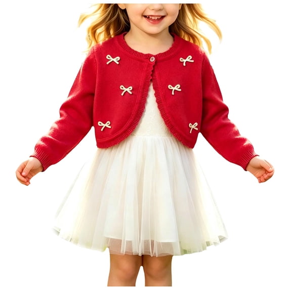 Faraee Toddler Girl Sweater Cardigan Kids Long Sleeve Bowknot Cute Crop Sweaters Ruffle Trim Hem School Uniforms Dress up Jacket 1-14 Years Red