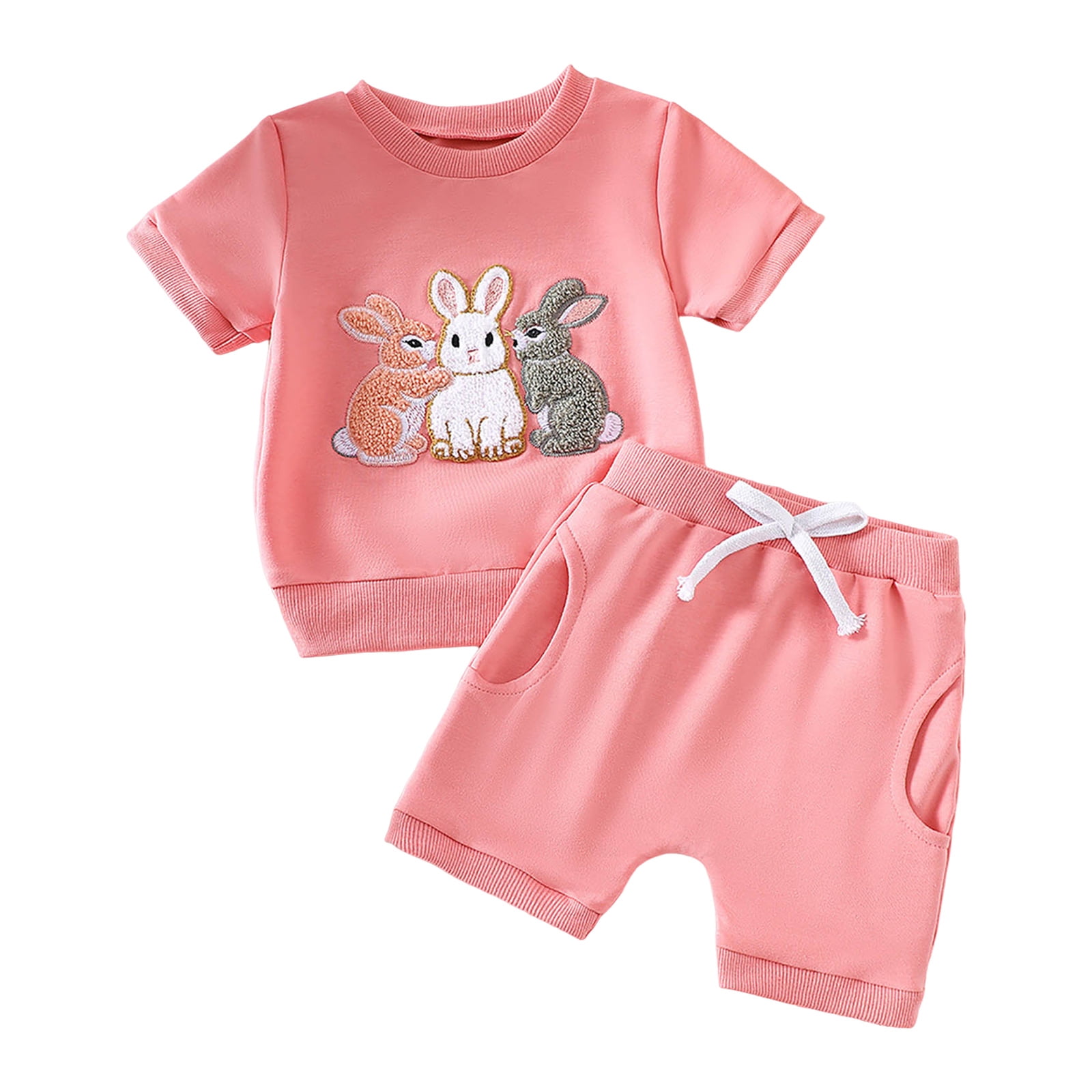 Faraee Toddler Girls Clothes Embroidery Cotton Summer Outfit Baby Kids Short Sleeve T-Shirt Tops Drawstring Pockets Shorts Clothing Set 3 6 12 18 24 Months 2t 3t Pink