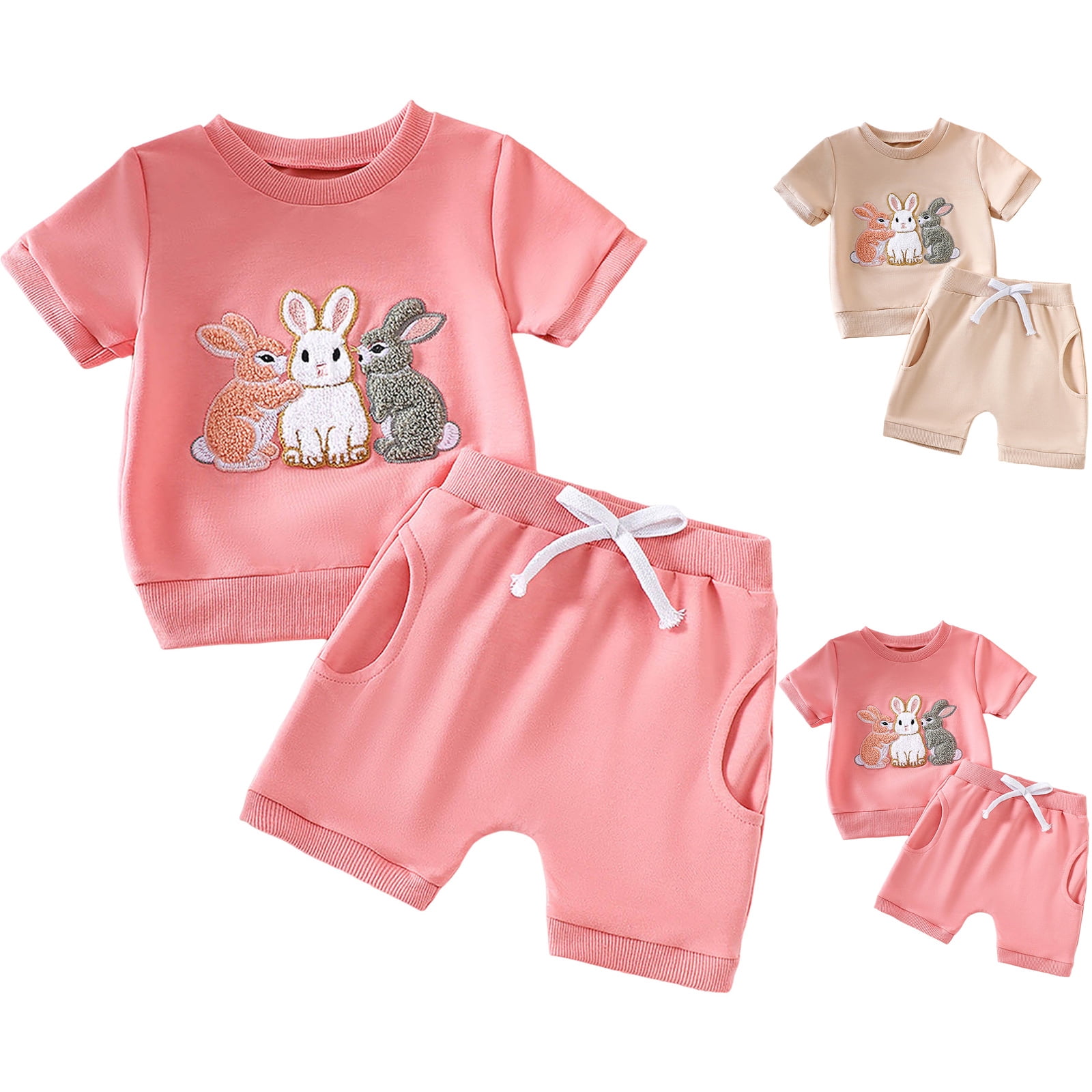 Faraee Toddler Girls Clothes Embroidery Cotton Summer Outfit Baby Kids Short Sleeve T-Shirt Tops Drawstring Pockets Shorts Clothing Set 3 6 12 18 24 Months 2t 3t Beige