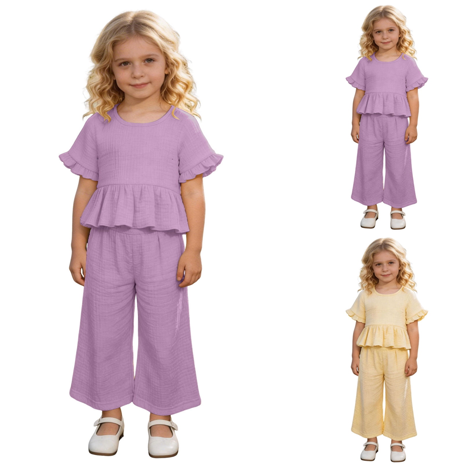 Faraee Toddler Girls Linen Outfit Ruffle Sleeve Shirt Wide Leg Pants Clothes Baby Girl Summer Beach 2 Piece Clothing Set 2t 3t 4t 5t 6t 7t Beige