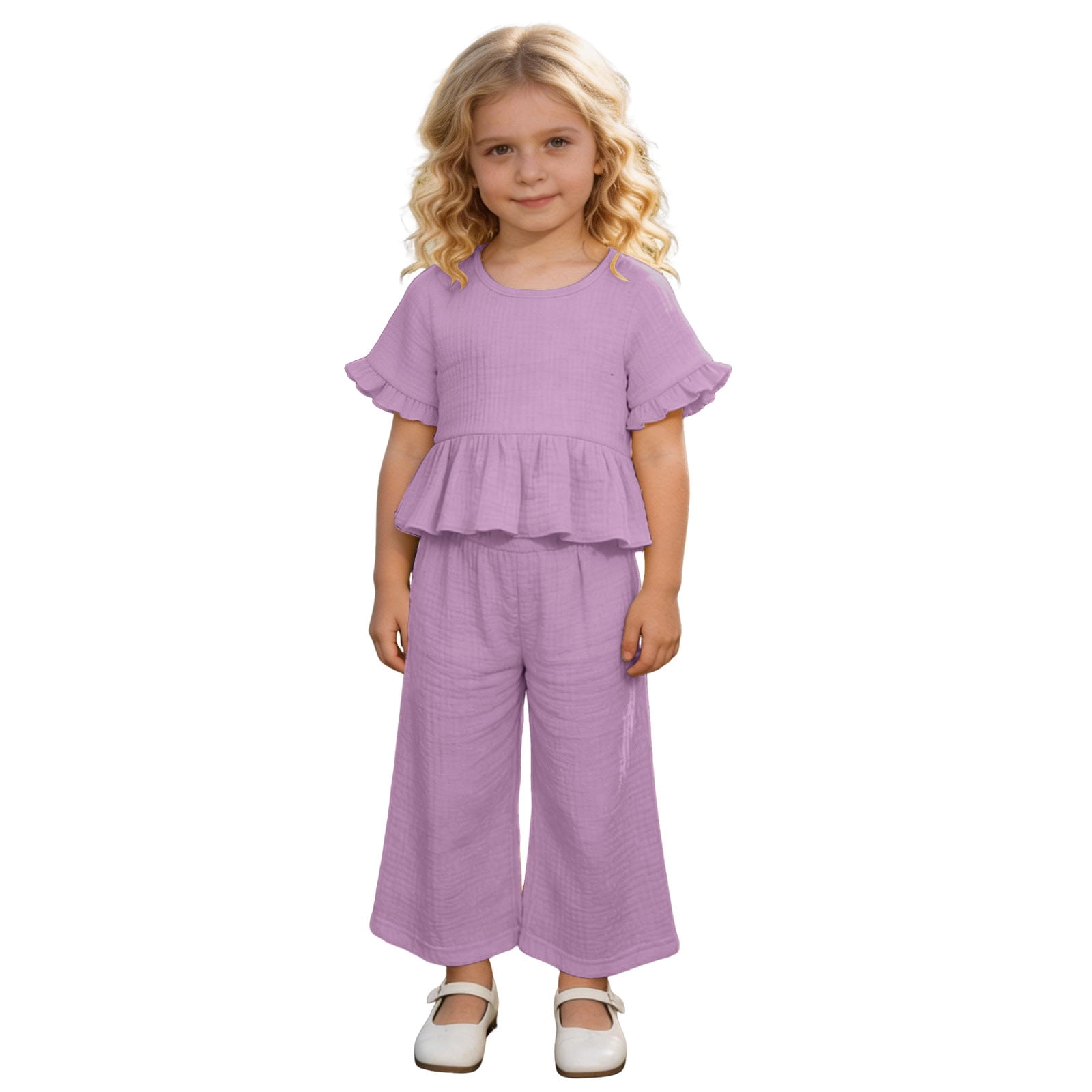 Faraee Toddler Girls Linen Outfit Ruffle Sleeve Shirt Wide Leg Pants Clothes Baby Girl Summer Beach 2 Piece Clothing Set 2t 3t 4t 5t 6t 7t Purple