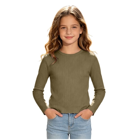 Faraee Toddler Girls Ribbed Long Sleeve Shirts 5t 6t 7t Stretchy Crew Neck Basic Tee Tops Kids Solid Color Soft Slim Fit Casual Blouse