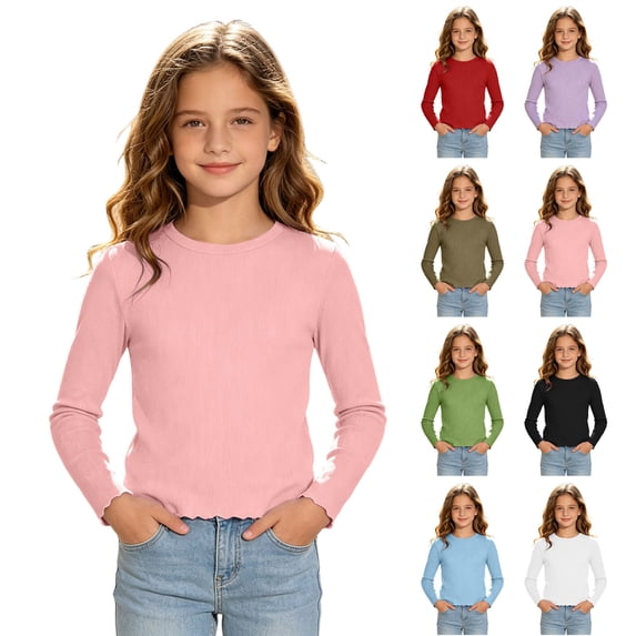 Faraee Toddler Girls Ribbed Long Sleeve Shirts 5t 6t 7t Stretchy Crew Neck Basic Tee Tops Kids Solid Color Soft Slim Fit Casual Blouse