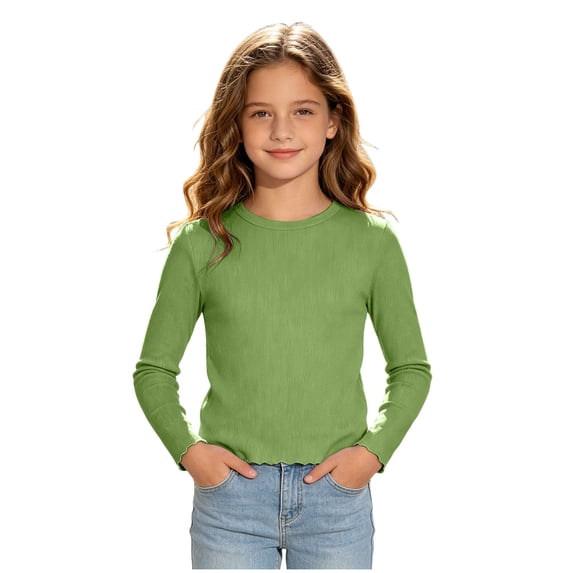 Faraee Toddler Girls Ribbed Long Sleeve Shirts 5t 6t 7t Stretchy Crew Neck Basic Tee Tops Kids Solid Color Soft Slim Fit Casual Blouse