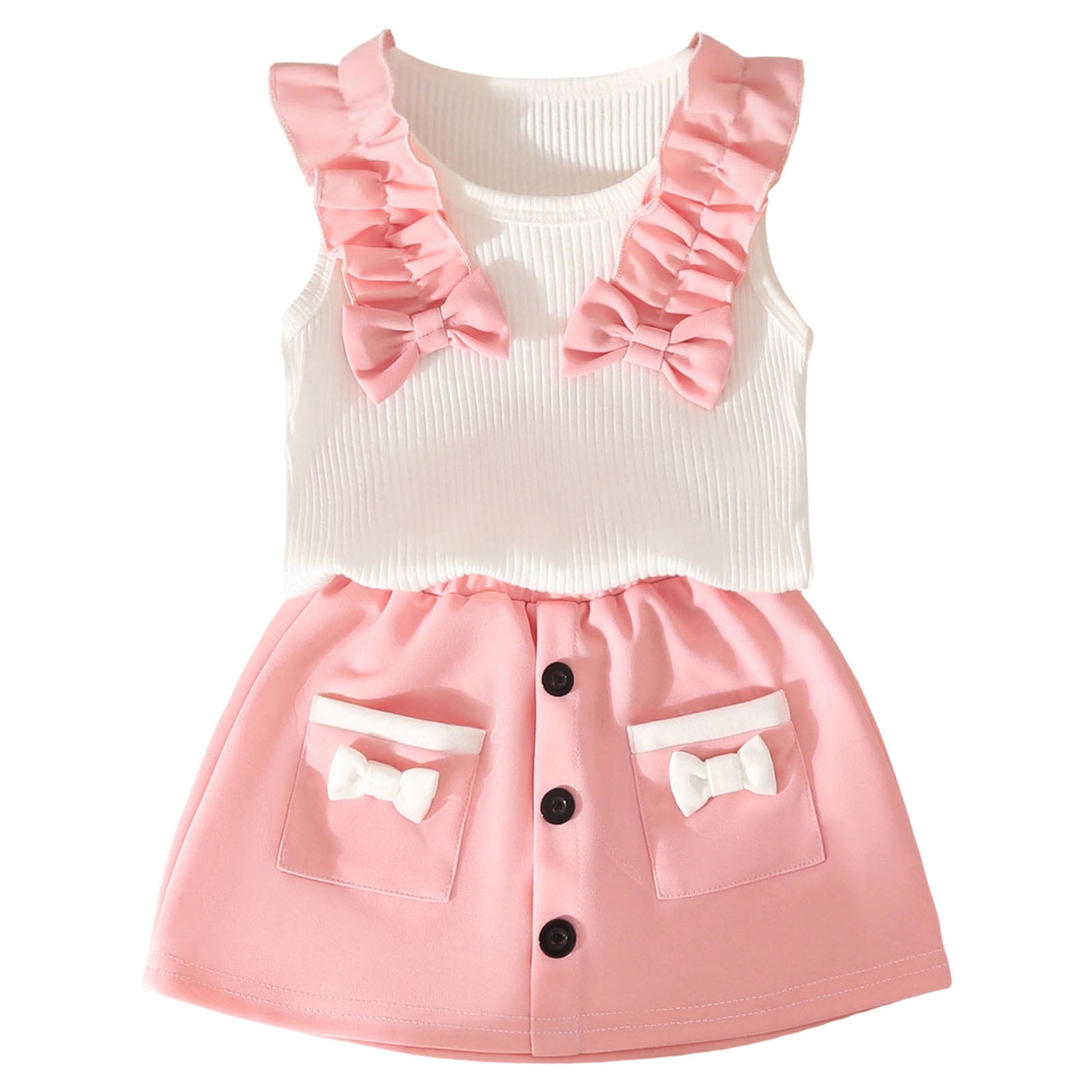 Faraee Toddler Summer Clothes for Girls Baby Ribbed Sleeveless Tops Bow Skort Set with Pockets Infant Cute Casual Outfit (12-18M,Pink)