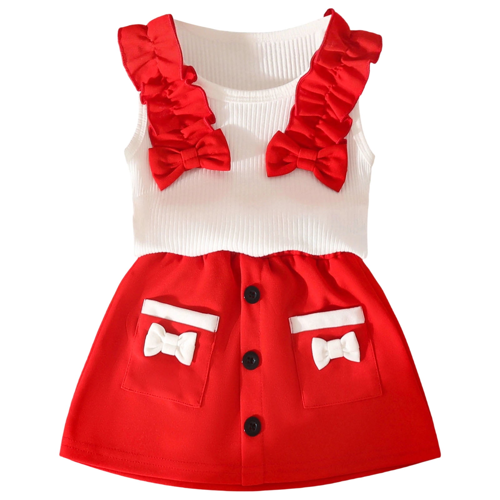 Faraee Toddler Summer Clothes for Girls Baby Ribbed Sleeveless Tops Bow Skort Set with Pockets Infant Cute Casual Outfit (3-4T,Red)