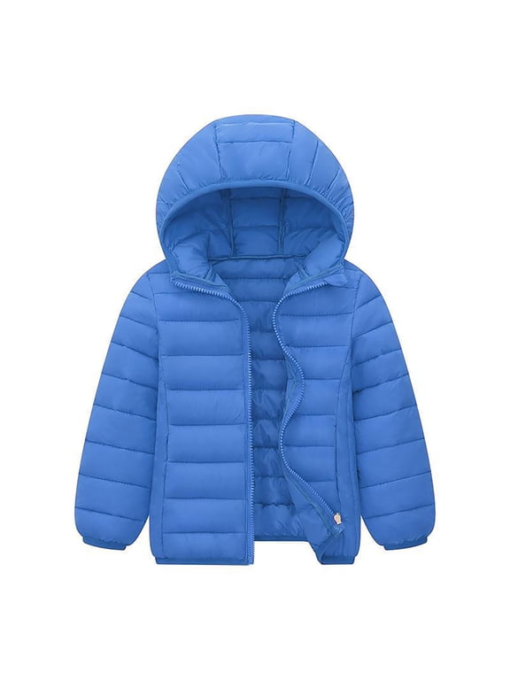 Toddlers Hooded Puffer Jacket Boys Girls Lightweight Waterproof Kids Winter Coat Fleece Lined Zip up Warm Snow Outerwear Blue