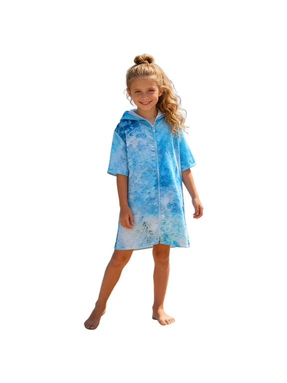 Unisex Kids Hooded Swim Cover Up Robe Boy Girl Terry Cloth Quick Drying Zip up Bathing Suit for Beach Pool Bath (7-13T,Sky Blue)