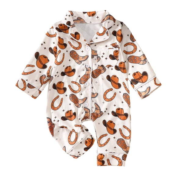 Faraee Western Cowboy Print Baby Footless Romper Long Sleeve Button Down Newborn Jumpsuit Pajamas Infant Soft One Piece Outfit for 0‑18 Months