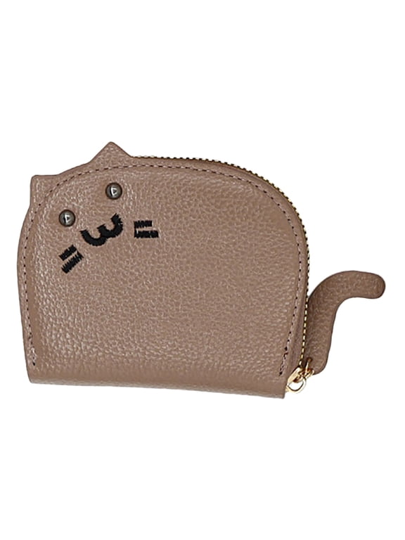 Women Cute Cat Coin Purse Small Zipper Credit Card Cases Wallet Key Holder Change Pouch Khaki