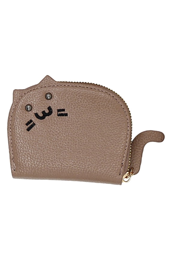 Women Cute Cat Coin Purse Small Zipper Credit Card Cases Wallet Key Holder Change Pouch Khaki