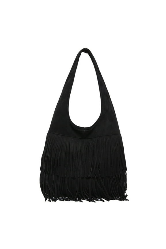 Women Fringe Hobo Bag Western Hippie Shoulder Handbag Tassel Crossbody Tote Satchel Black
