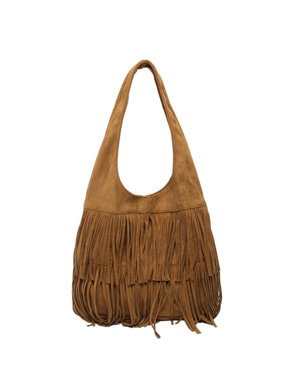 Women Fringe Hobo Bag Western Hippie Shoulder Handbag Tassel Crossbody Tote Satchel Brown
