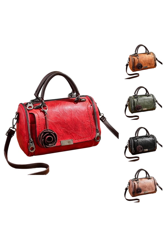 Women Satchel Bags Leather Top Handle Handbags Crossbody Shoulder Barrel Purse with Flower Pendant Black