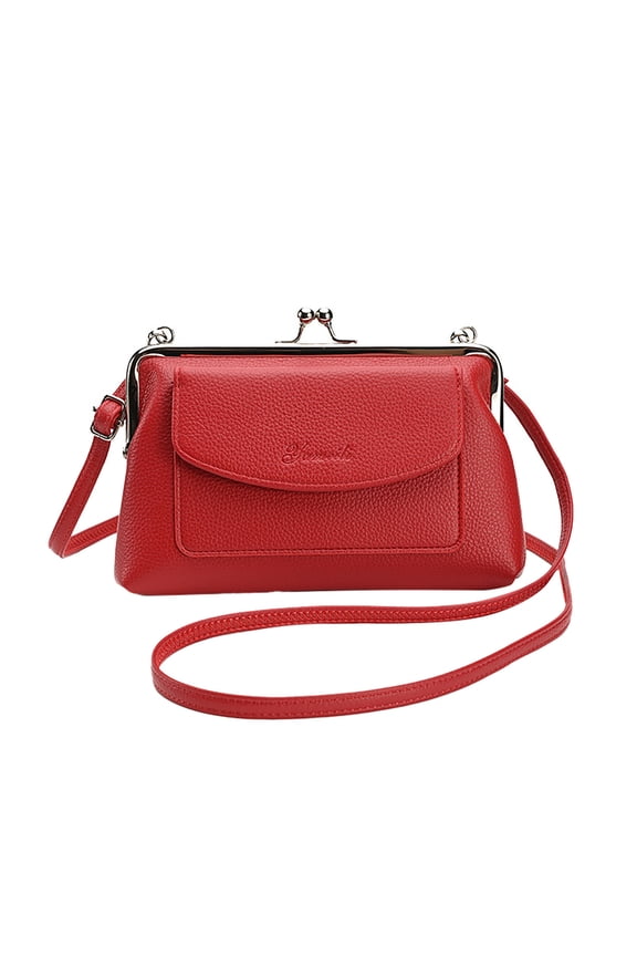 Women Small Shoulder Handbags Kiss Lock Crossbody Purse Leather Messenger Tote Evening Bags Red