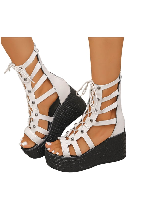 Faraee Women's High Top Gladiator Sandals Platform Wedge Open Toe Summer Shoes with Side Zipper Hollow out Walking Casual Summer Sandal Size 9.5,White
