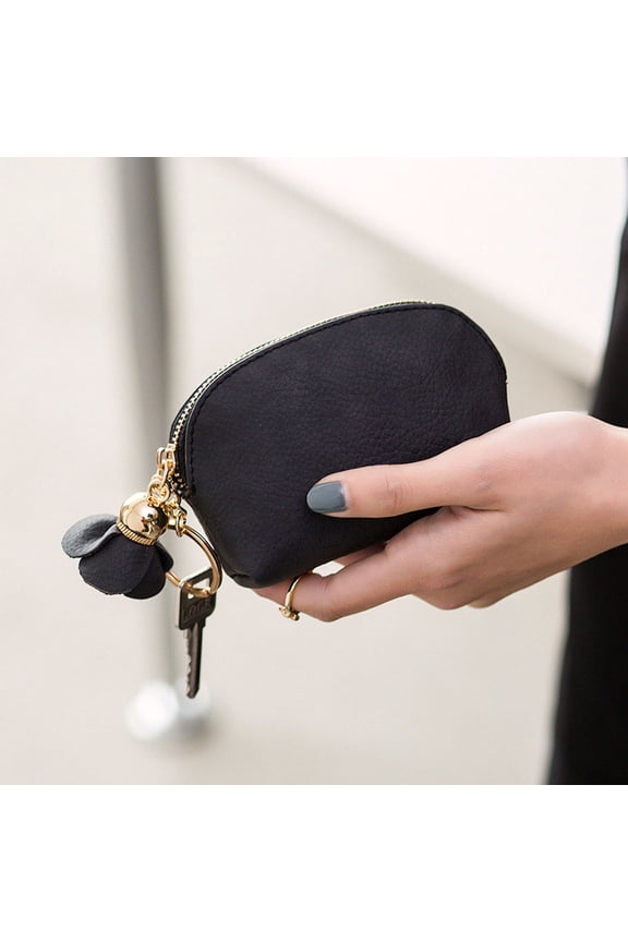 Womens Coin Wallet Suede Small Keychain Purse Mini Cash Clutch Pocket Card Holder with Zipper Black