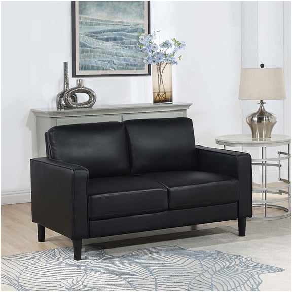 Farallone Black Faux Leather Track Arm Loveseat for Modern Living Room