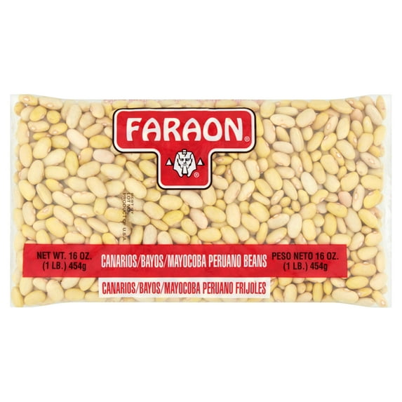 Faraon Mayocoba Beans (also known as Canarios/Bayos/Peruano Beans), are packed in a 16 oz (1 lb) poly bag.