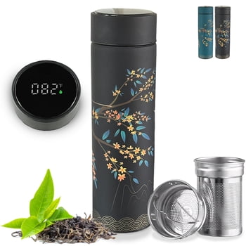 Farasi Tea Infuser Thermos with Fahrenheit Display for Loose Leaf Tea, Vacuum Insulated Stainless Steel Smart Water Bottle, Black Floral / 15 fl oz