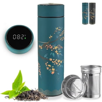 Farasi Smart Tea Infuser Thermos Bottle for Loose Leaf Tea, Coffee Vacuum Insulated Stainless Steel Water Bottle, Green Floral Travel Mug 15 fl oz