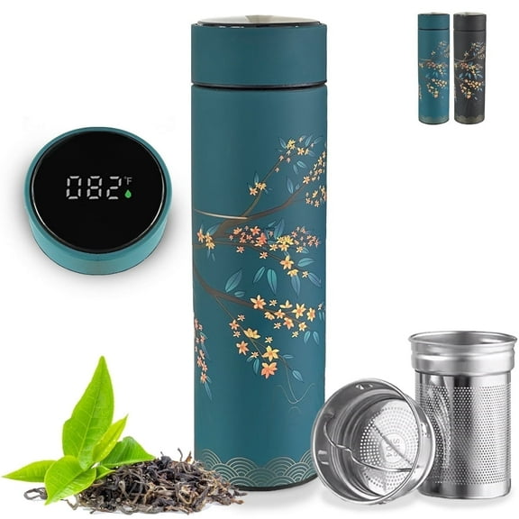 Farasi Smart Tea Infuser Thermos Bottle for Loose Leaf Tea, Coffee Vacuum Insulated Stainless Steel Water Bottle, Green Floral Travel Mug 15 fl oz