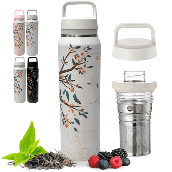 Farasi Tea Infuser Bottle Insulated Stainless Steel Thermos Water Bottle - Coffee, Fruit, Loose Leaf Tea Infuser Mug Built in Handle White Floral 24 oz