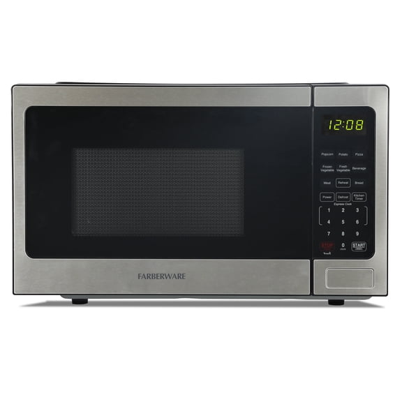 Farberware 0.9 Cu. Ft. Countertop Microwave Oven – 900W Power, Auto Cook Settings, Defrost, and Safety Lock – Stainless Steel