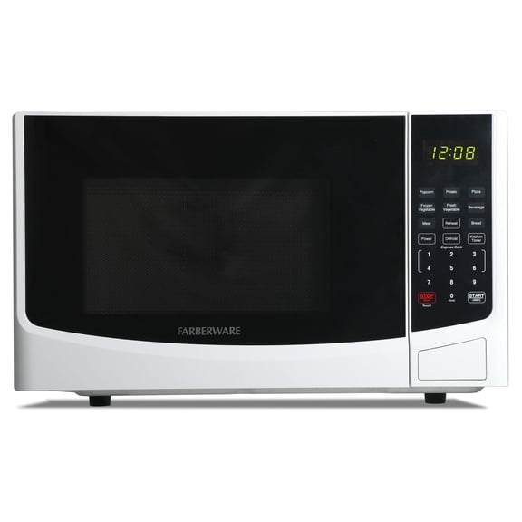Farberware 0.9 Cu. Ft. Countertop Microwave Oven – 900W Power, Auto Cook Settings, Defrost, and Safety Lock – White
