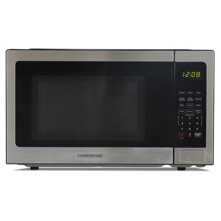 Farberware 1.1 Cu. Ft. Countertop Microwave Oven – 1000W Power, Auto Cook Settings, Defrost, and Safety Lock – Stainless Steel