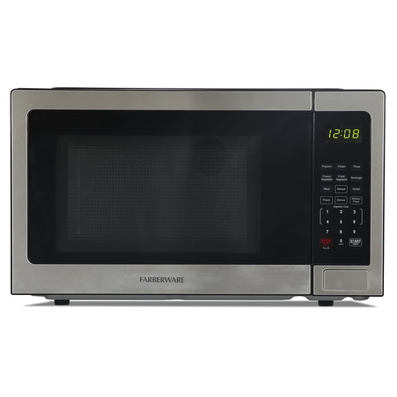 Farberware 1.1 Cu. Ft. Countertop Microwave Oven – 1000W Power, Auto Cook Settings, Defrost, and Safety Lock – Stainless Steel