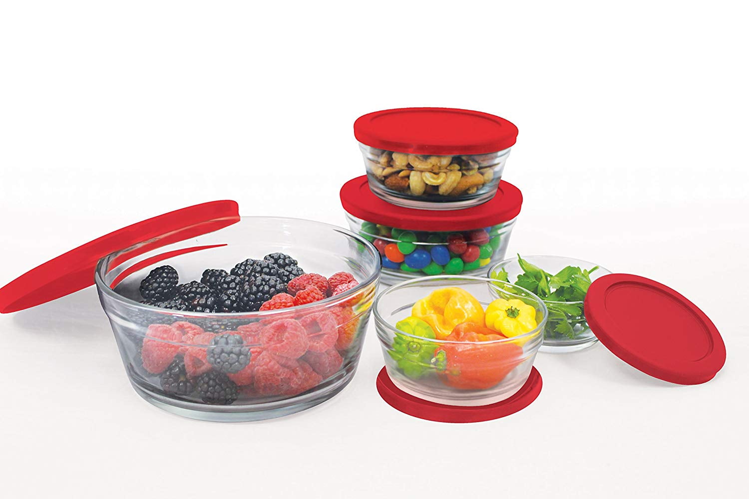 Farberware 10 Piece Glass Food Storage Bowl Set with Airtight Lids, Red