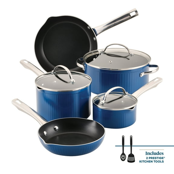 Farberware Style 10 Pcs Nonstick Cookware Set with Cooking Tools, Dishwasher Safe and Oven Safe to 500°F, Blue