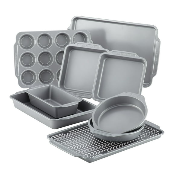Farberware 10 Pcs Nonstick Bakeware Set with Cooling Rack, Dishwasher Safe and Oven Safe to 450°F, Gray