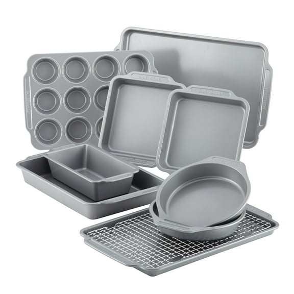 Farberware 10 Pcs Nonstick Bakeware Set with Cooling Rack, Dishwasher Safe and Oven Safe to 450F, Gray
