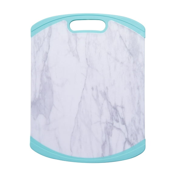 Farberware 11-inch x 14-inch Non Slip Plastic/Poly Cutting Board in Marble Pattern and Aqua Sky Trim