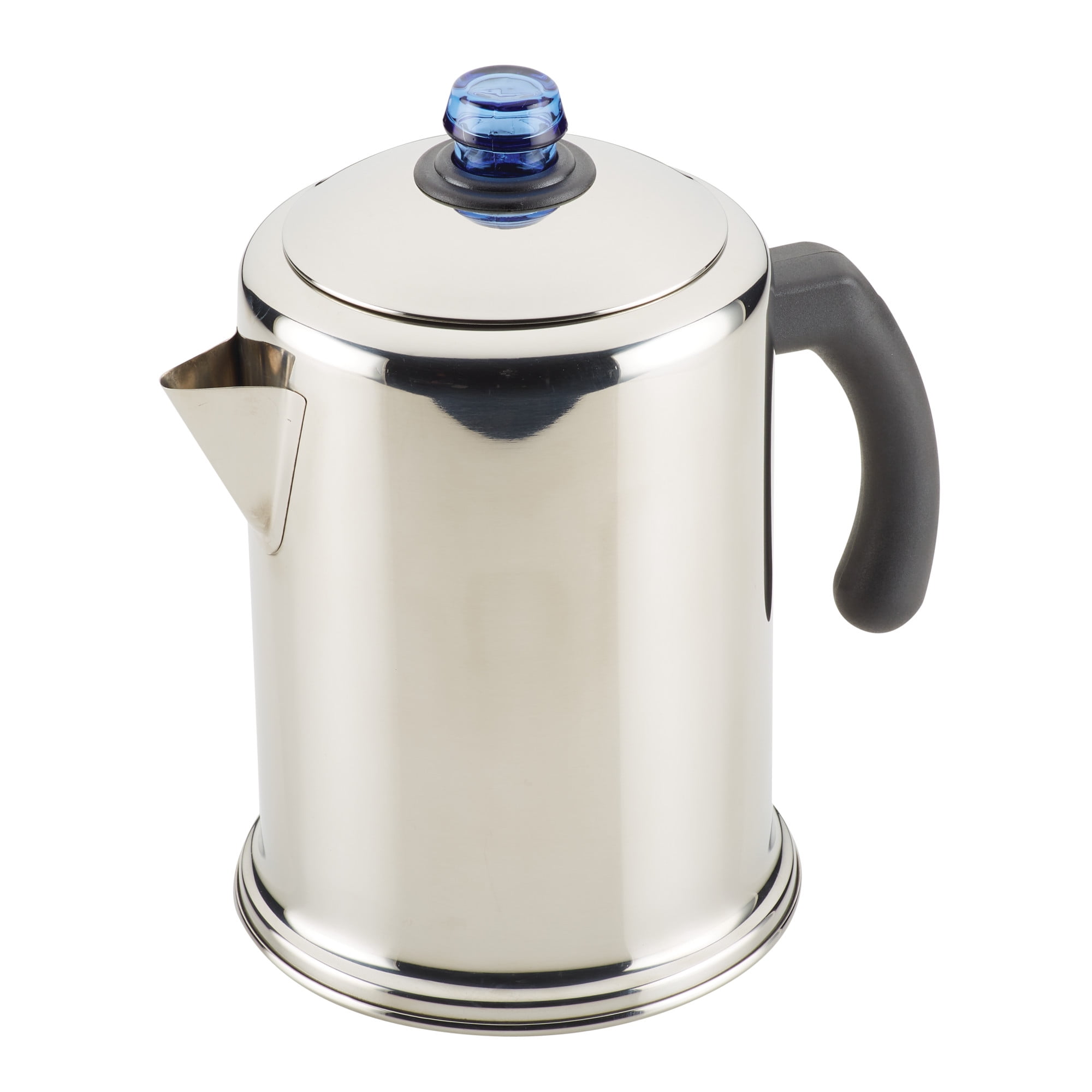 Farberware Classic Stainless Steel 12 Cup Coffee Percolator, Mirror Polish with Blue Glass Knob