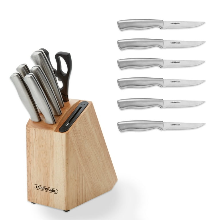Farberware 13Piece Stainless Steel Knife Block Set Built in Sharpener in  Drawer Steak Knives Natural 