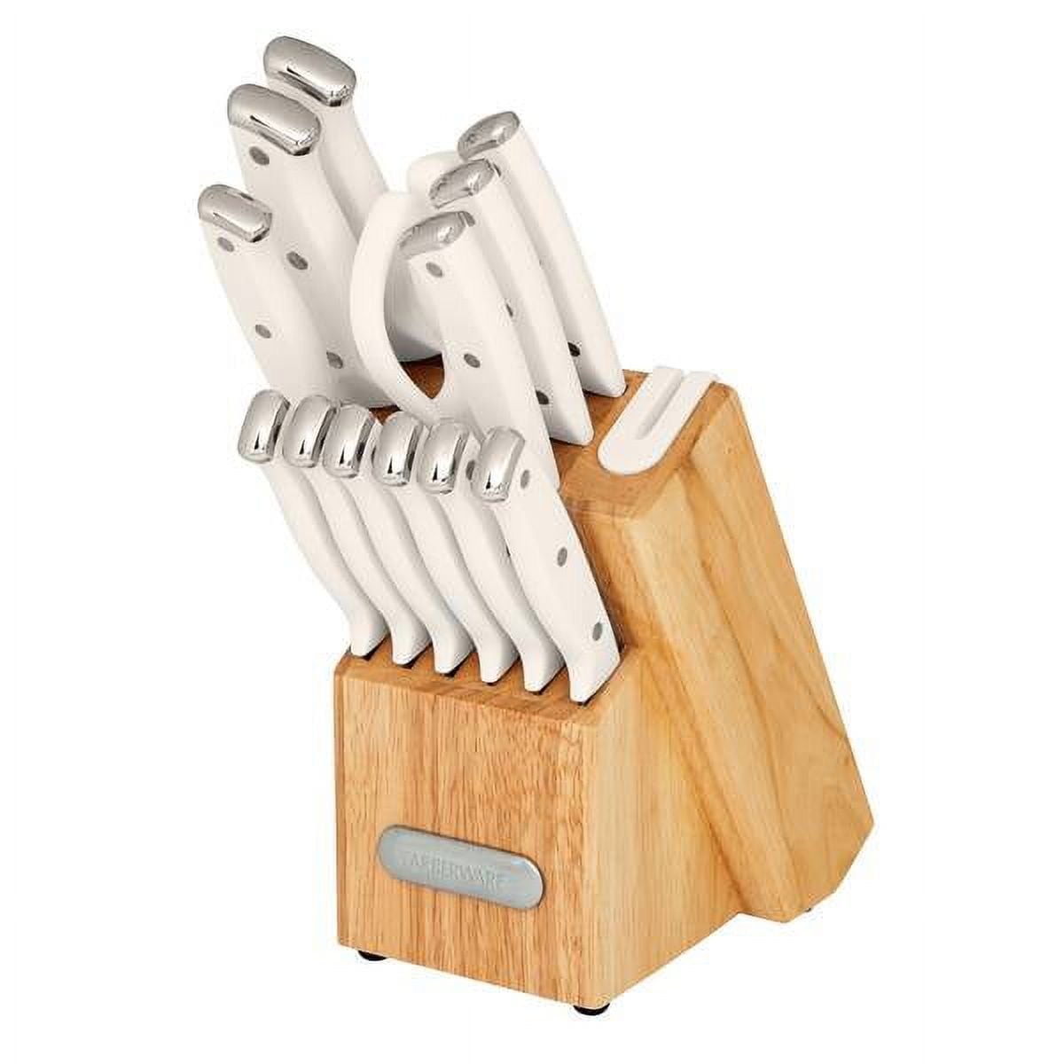 14-Piece White Knife Block Set with Built-In Sharpener