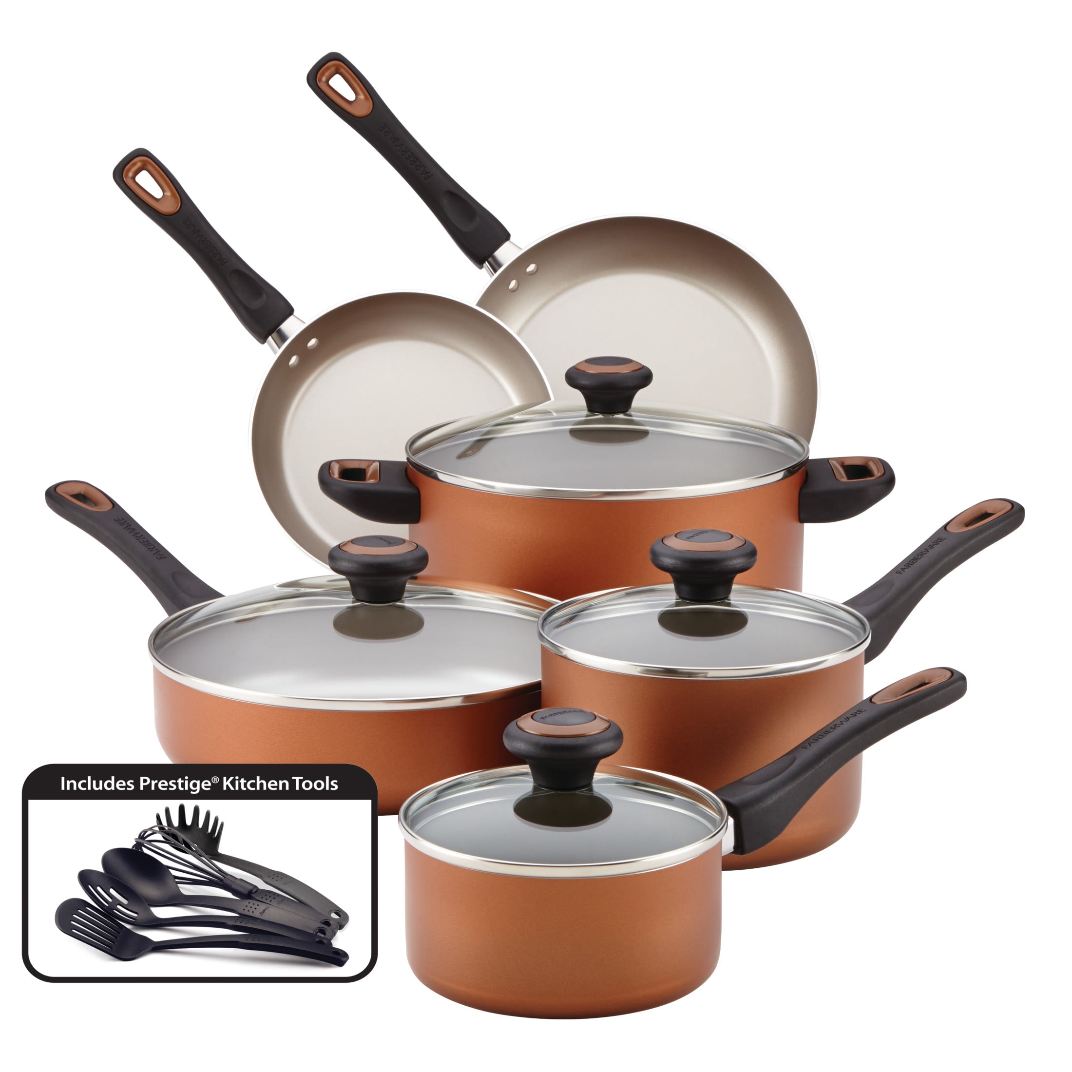 Farberware 15-Piece Dishwasher Safe High Performance Nonstick Pots and Pans/ Cookware Set, Copper 