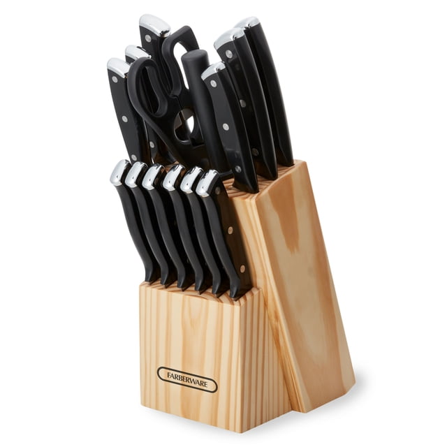 Farberware Triple Rivet 15-Piece Kitchen Knife Block Set, Natural Wood Block, Black Handles
