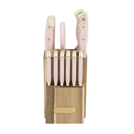 Farberware 15-Piece Triple Riveted Stainless Steel Knife Set with Acacia Block Blush Gold