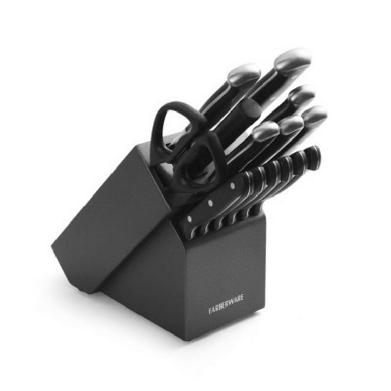 Farberware 5152497 15-Piece High-Carbon Stamped Stainless Steel Kitchen  Knife Set with Wood Block, Steak Knives, Razor-Sharp, Black