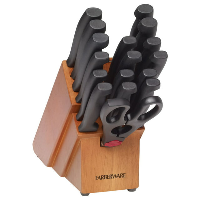 Farberware 18-Piece Never Needs Sharpening Stainless Steel Knife Set with Block Natural Wood