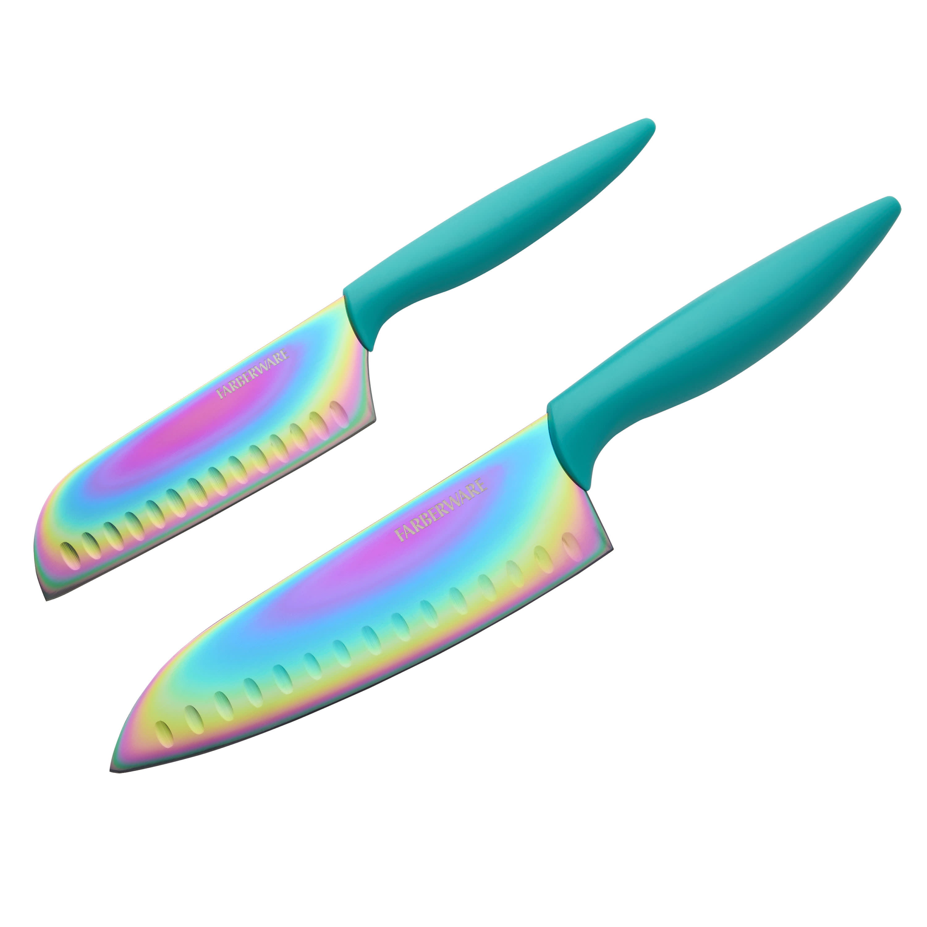 Farberware 2-piece Santoku Set with Rainbow Titanium Blade, Teal Handle 