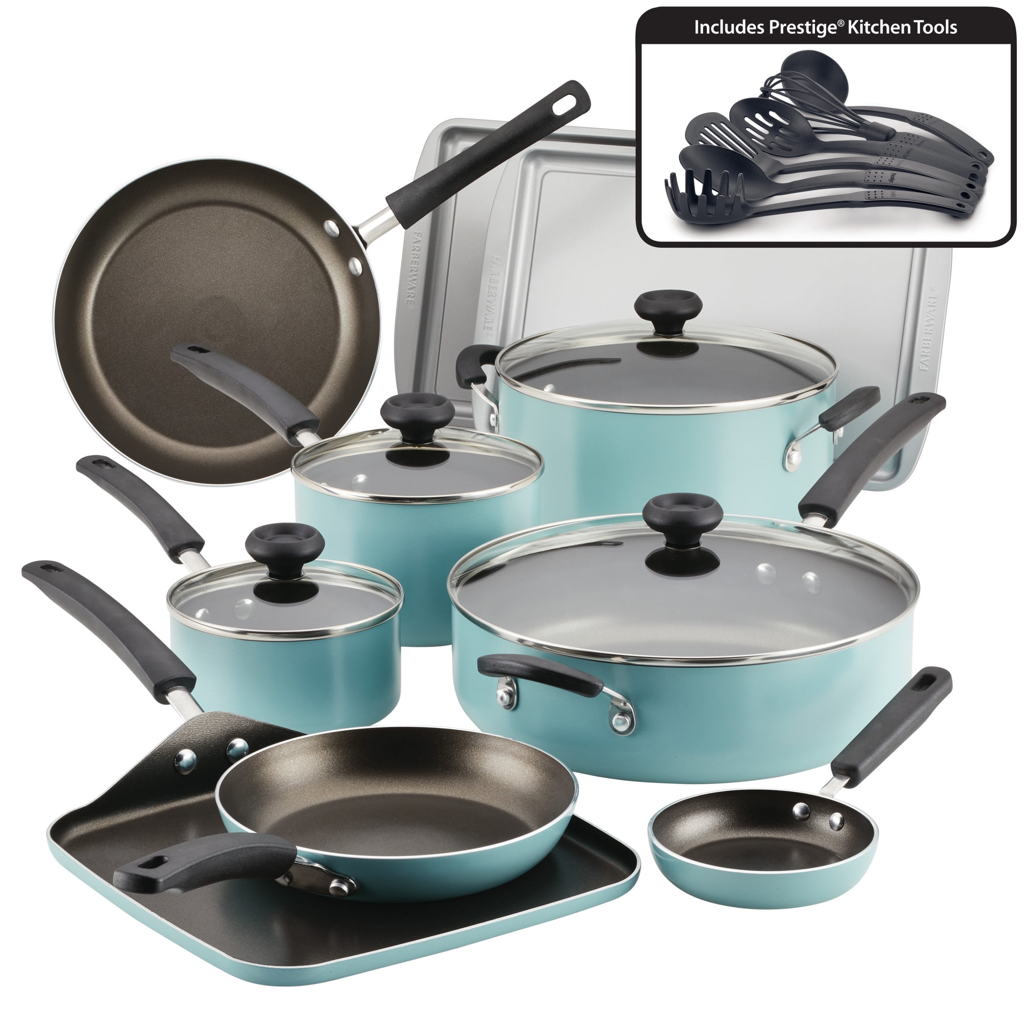 Farberware 20-Piece Easy Clean Aluminum Nonstick Cookware Pots and Pans Set,  Aqua 