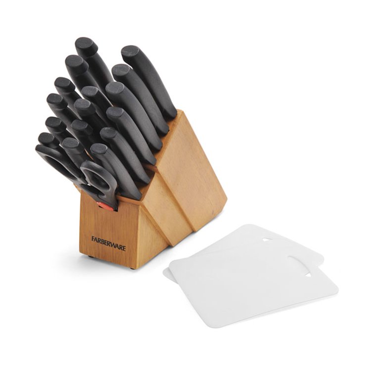 Farberware Never Needs Sharpening High-Carbon Stainless Steel Knife Block  Set with Non-Slip Handles, 18 Piece, Black