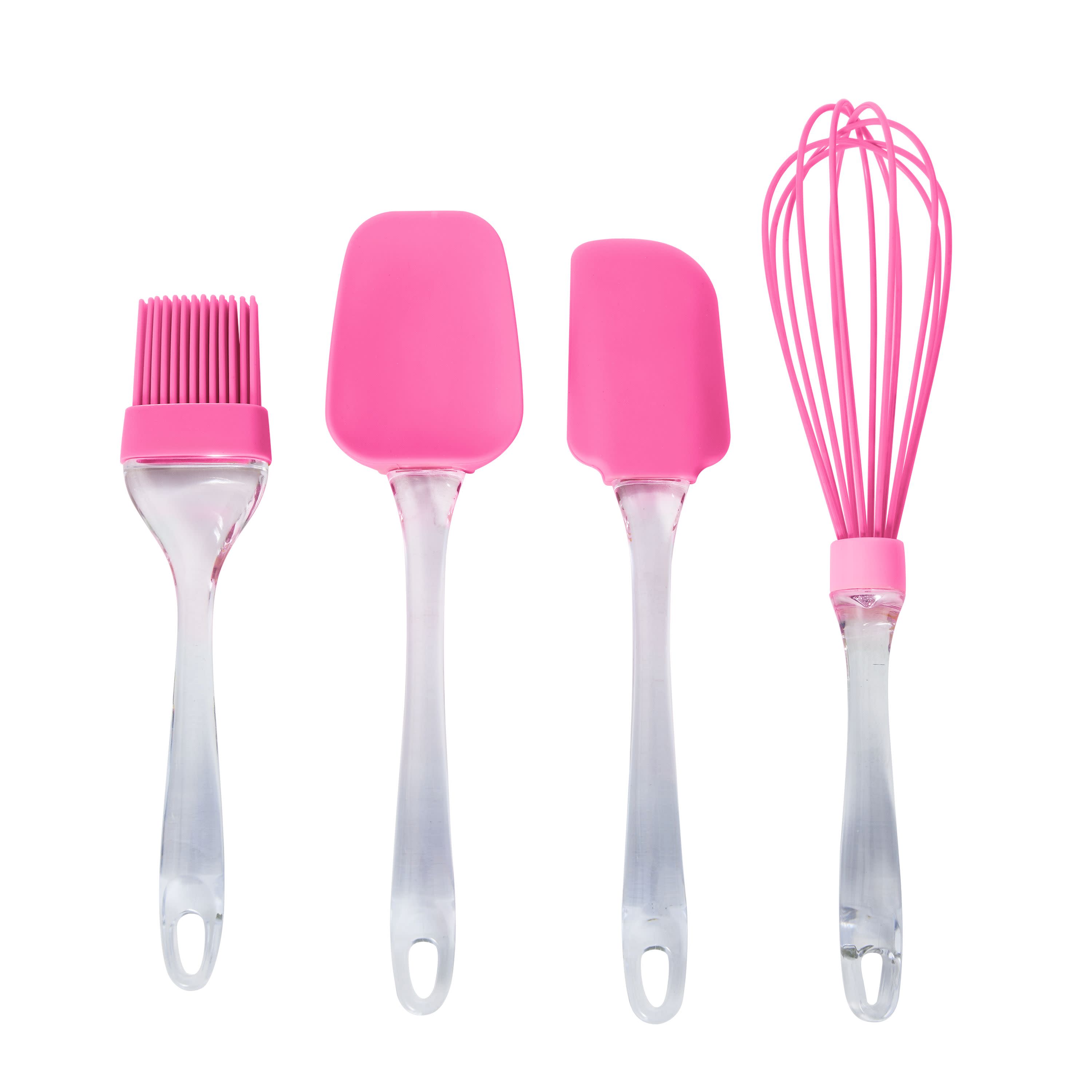 Farberware 4-piece Whisk, Spatula, Spoon Spatula and Basting Brush Plastic/Silicone Utensil Set in Gift Tube, Pink